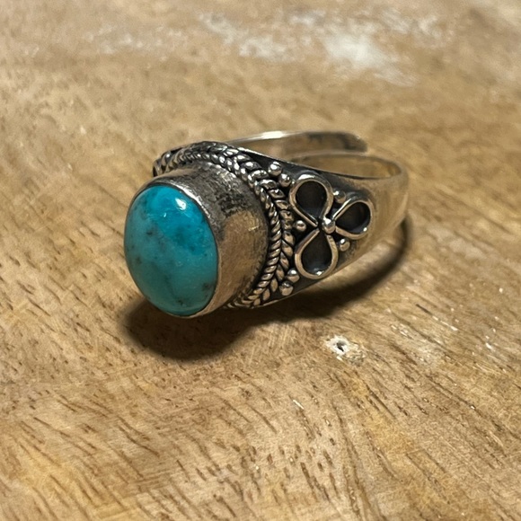 Blue Turquoise Filigree Adjustable 925 Sterling Silver Ring - Picture 3 of 12